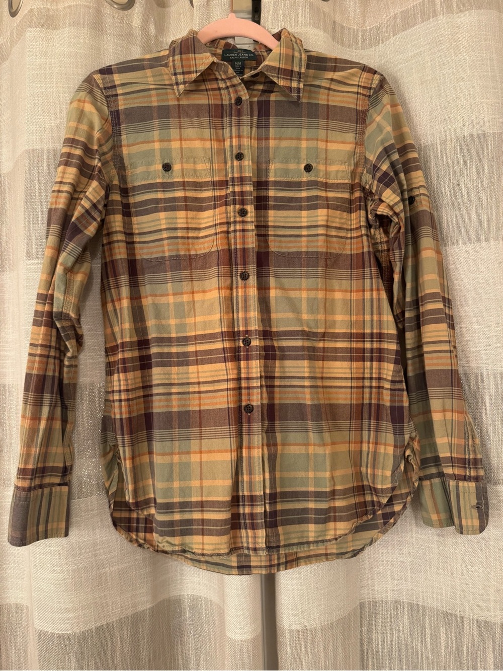Ralph Lauren Women's Plaid Button-Down Shirt in Green, Brown and Yellow